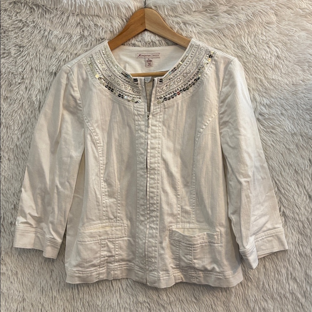 JM Collection White Embellished Jean Jacket Size 12 Petite